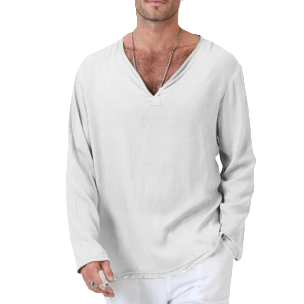 Vintage Cotton Linen T Shirt Men Loose Tops Long Sleeve V Neck Men T