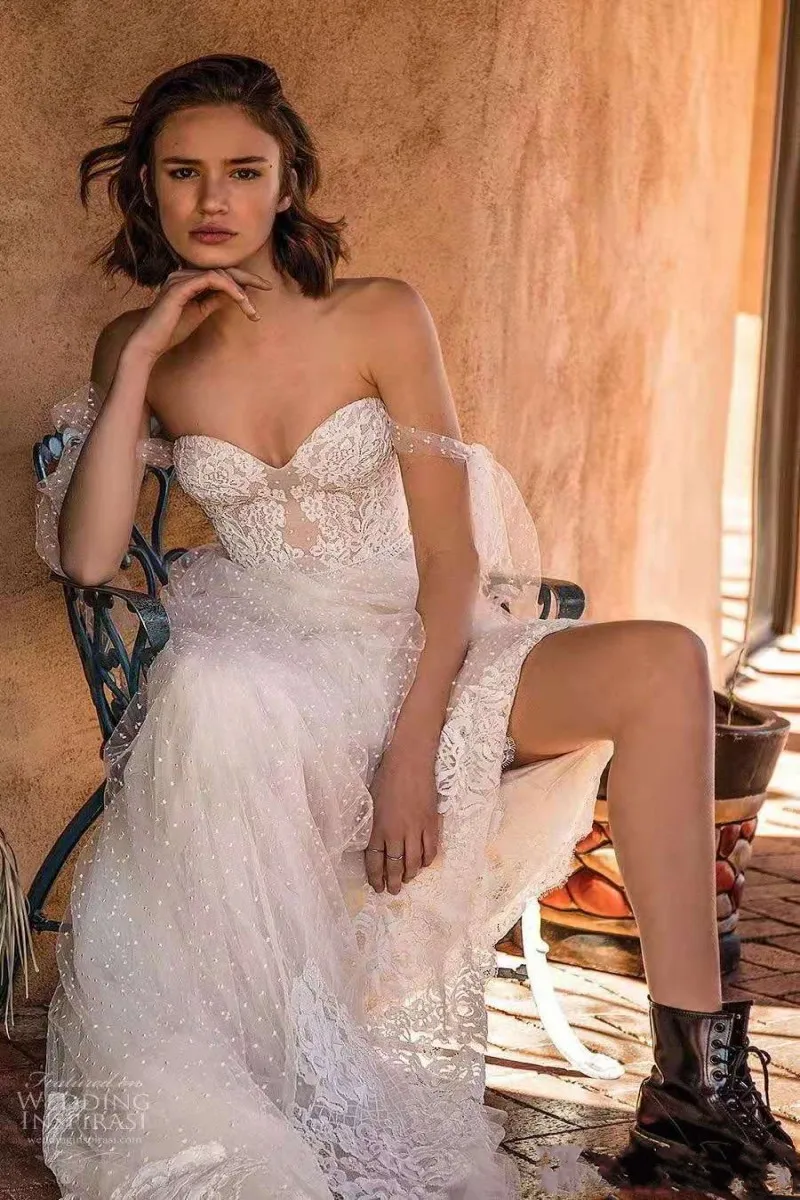 Сексуальное кружевное свадебное платье с открытыми плечами в стиле бохо,, волнистое Тюлевое платье с аппликацией, пляжные свадебные платья, богемное платье, Vestido De Noiva