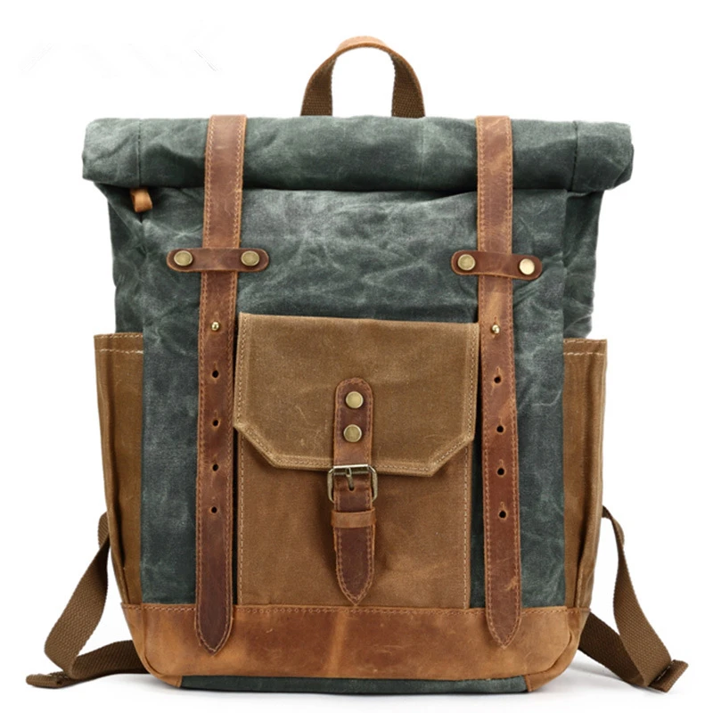 Горячий винтажный масляный вощеный холст кожаный рюкзак большой емкости подростковый Путешествия непромокаемые Daypacks 15 дюймов ноутбуки рюкзак - Цвет: green