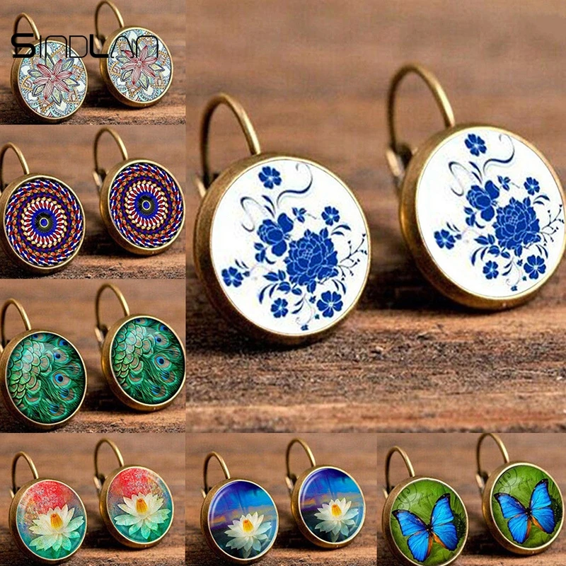 

Sindlan Earrings Jewelry Ethnic Wind Bohemia Hanging Earrings Vintage Butterfly Lotus Peacock Feather Flowers Earrings For Women