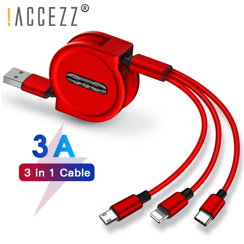 

!ACCEZZ 3A Retractable USB Cable For iPhone XS MAX Micro USB Type C For Samsung Huawei Mobile Phone Fast Charging 3 in 1 Cables