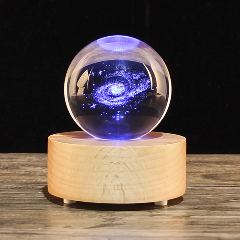 

Handmade Starry Sky 3D Laser Engraved Crystal Ball Glass Led Quartz Ball With Rotary Music Base for Christmas Accessories Gifts