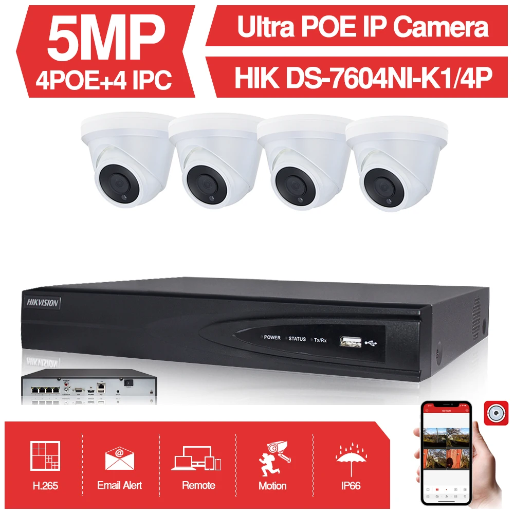  4CH CCTV System 4PCS Ultra 5MP Dome Security POE Camera with Hikvision 4 POE NVR DS-7604NI-K1/4P DI