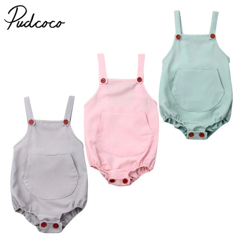 

2019 Brand Summer Solid Clothes Newborn Kid Baby Boy Girl Bodysuit Summer New Pocket Sleeveless Playsuit Outfit Sunsuit 0-18M