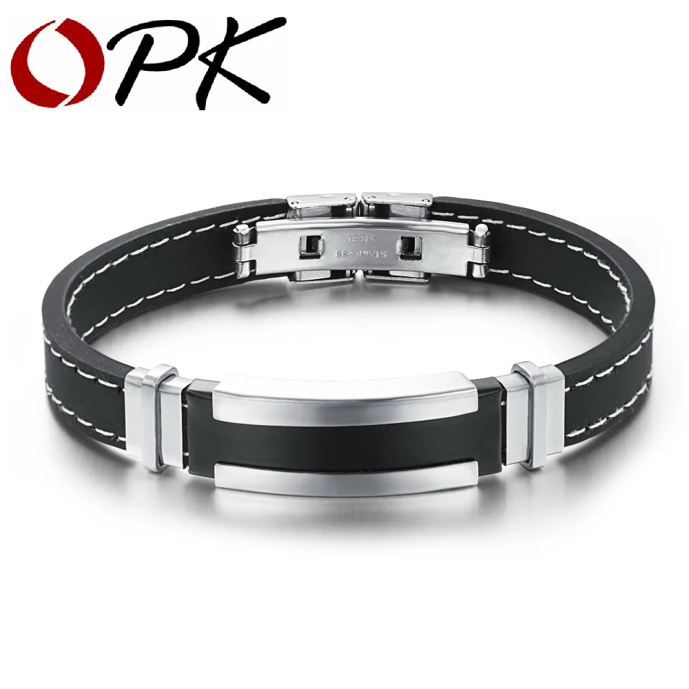 

OPK Black Genuine Silicone Man Bangles Fashion Stainless Steel Clasp Men Jewelry Vintage 13MM Width Accessories PH925