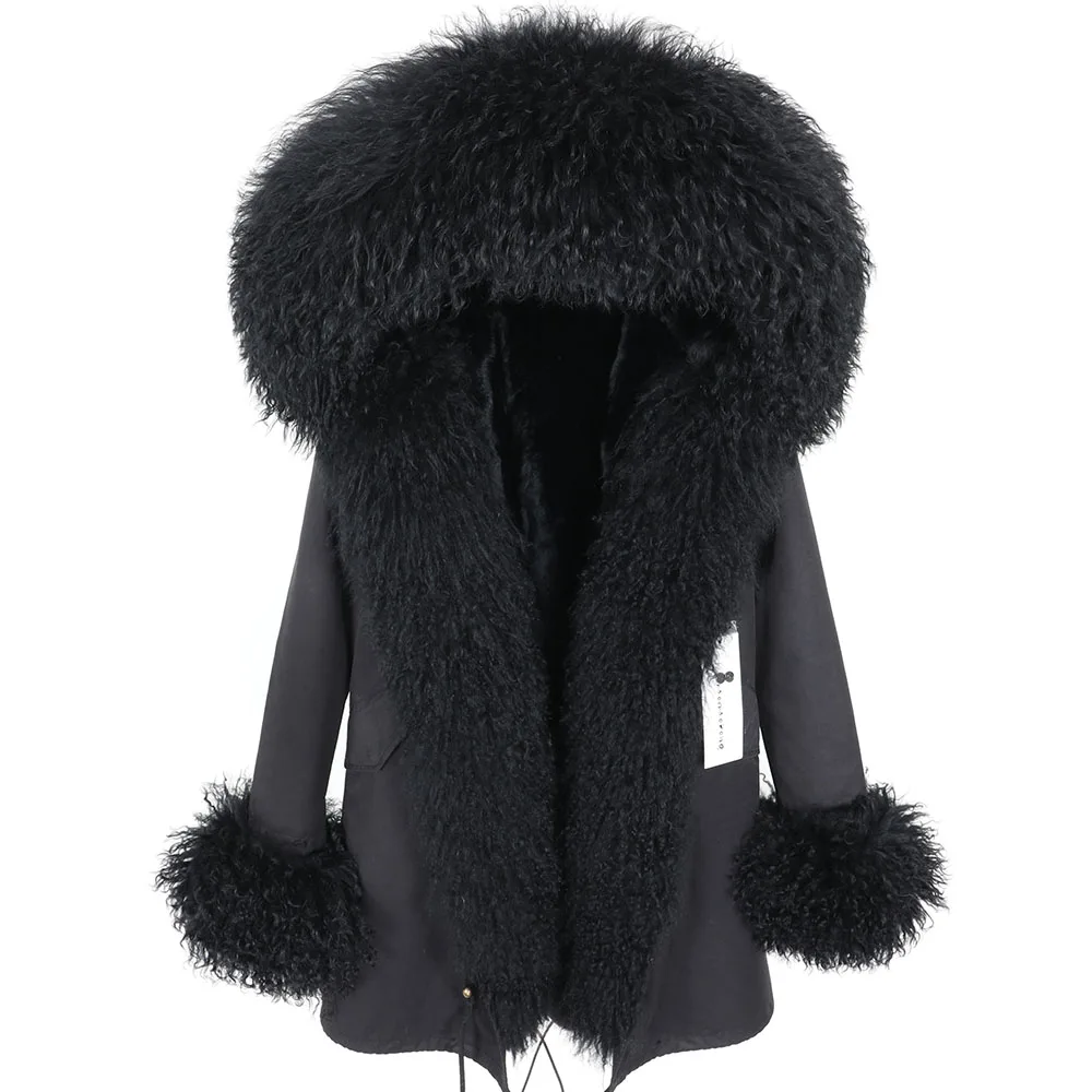 Женская парка с натуральным кроличьим мехом, с хлопковой подкладкой, черное меховое пальто, натуральный меховой воротник, зимняя куртка - Цвет: FD25-8