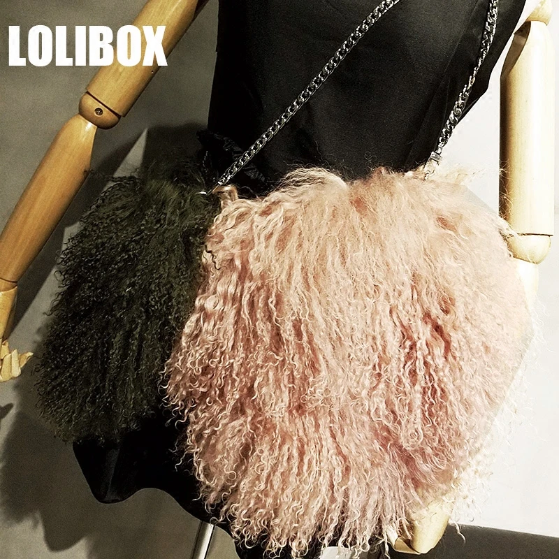

LOLIBOX Women Bags Women Messenger Bags Wool Whole Fur Real Curly Crossbody Bags For Women Plush Chain Shoulder Bags