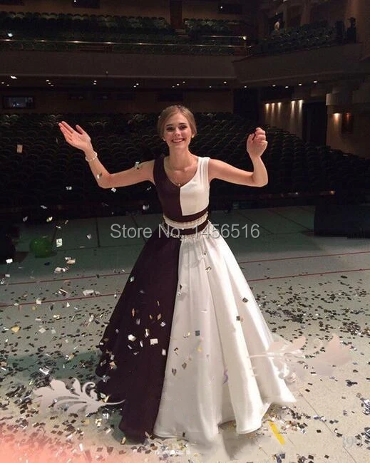 2019 A Line Prom Dresses with crystal beaded sash jewel neck chic Evening Dress black and white stain Party Gowns cheap custom made (5)