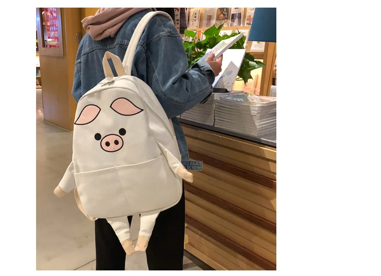 Menghuo Cute Cat Canvas Backpack Cartoon Women Backpacks for Teenage Girls School Bag Fashion Black Pink Pig Rucksack mochilas_12