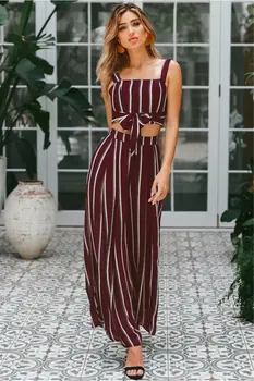 

2 pcs Sexy Outfits Set Sexy Womens Striped Crop Top Trousers Two Piece Playsuit Long Jumpsuit Wide Leg Trousers Clubwear
