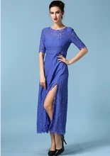 crochet dress embroidery patchwork blue vintage sexy side slit lace vintage robe longue rockabilly ladies femme maxi roupa long