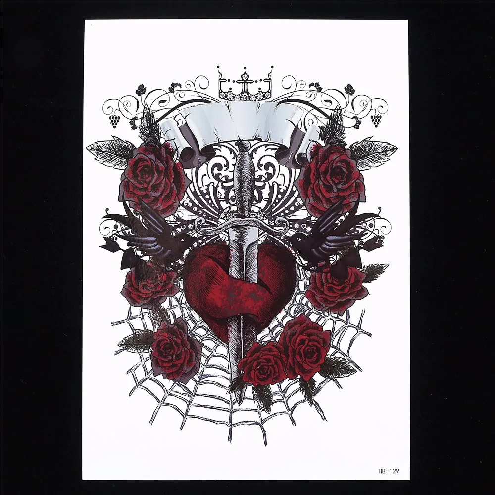 1 Sheet Chic Women Men Diy Tattoo Product Sword Crown Heart Bird Rose Flower Back Body Art Tattoo HB129 Temporary Tattoo Sticker