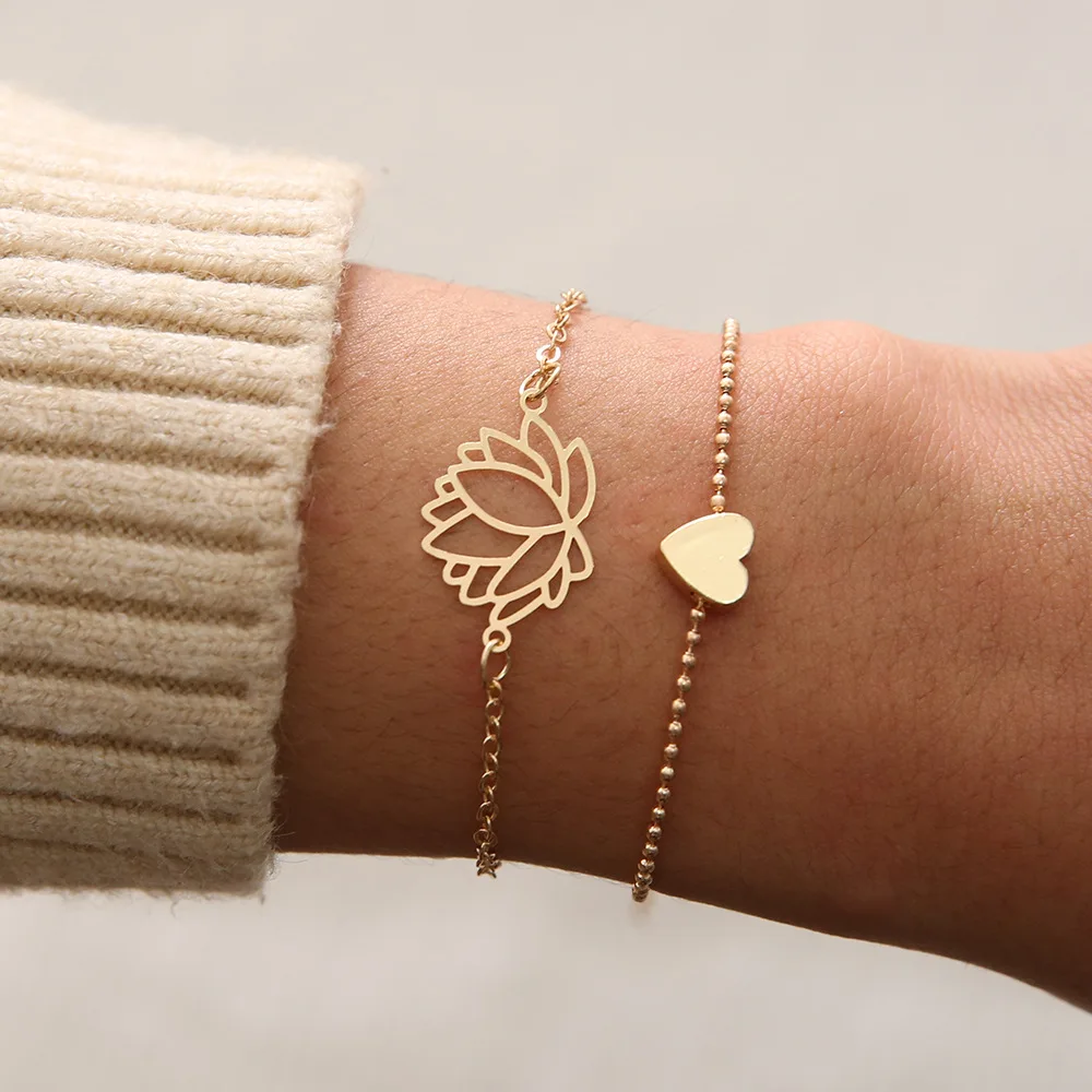 

BM050 European Style Sweet Lotus Flower Love Heart Bracelets For Women Chain Bracelets Metal Jewelry Wholesale