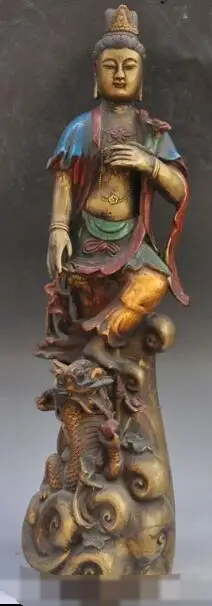

S01511 old tibet fane bronze gilt stand dragon kwan-yin GuanYin goddess buddha statue