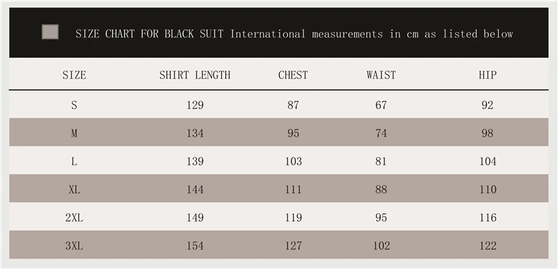 Starwar Black Size Chart