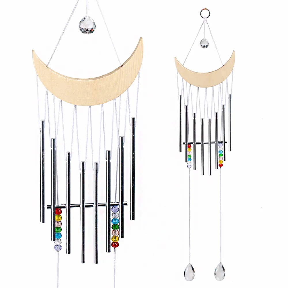 

New Handmade Wood Half-Moon Wind Chimes With Tubes Rainbow Chakra Ball Prisms Pendants Outdoor Yard Hanging Dream Catcher Decor