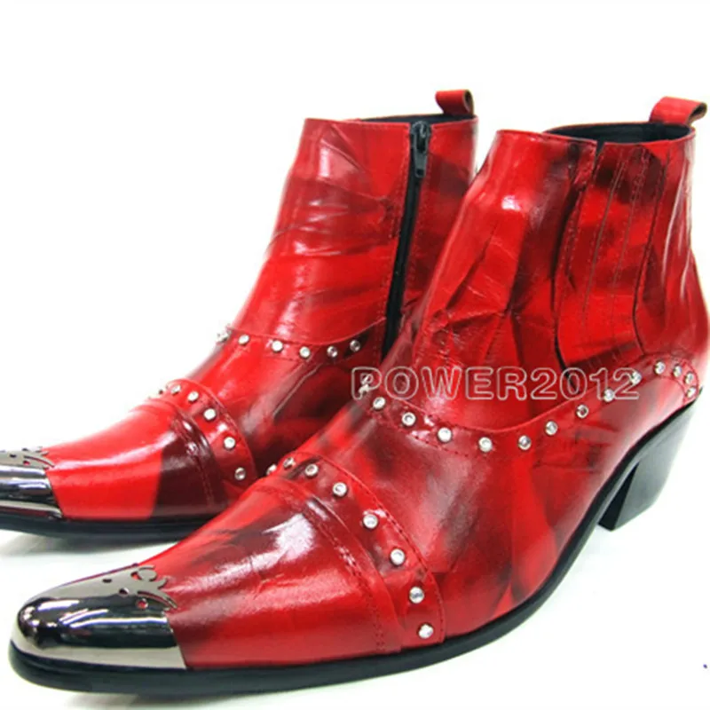 

Fashion Rivets Genuine Leather Ankle Boots for Men Red Pointed Toe Motorcycle Boots Party Men Dress Boots Wedding Formal Shoes