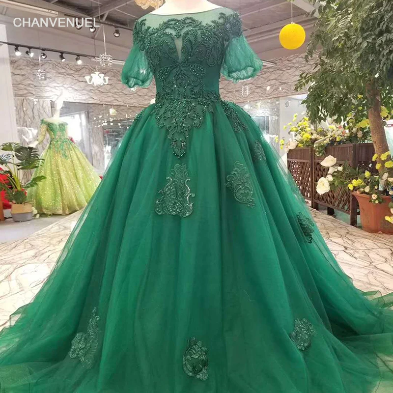 LSS136 Зеленые Дешевые Вечерние платья Длинные с круглым вырезом пышные рукава мать