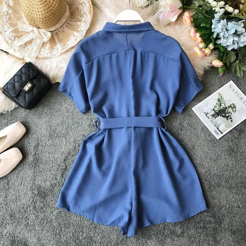 Summer Romper 2020 New Women Short Sleeve Single Breasted Playsuits Bodysuits Woman Slim Belt Bandage Jumpsuits Body Femme Summer Romper 2020 New Women Short Sleeve Single Breasted Playsuits Bodysuits Woman Slim Belt Bandage Jumpsuits Body Femme