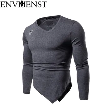

2019 New Fashion Men's V- Neck Slim Solid Color Long-sleeved T-shirt Raglan Sleeve Style T shirt Tops Tees
