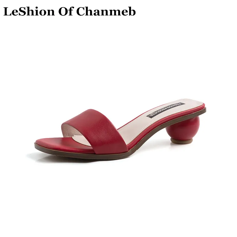 

Natural Cow Leather Open Toe Slippers Women's Fashion Round Ball Heels Summer Shoes Sandals Slides Ladies Beach Flip Flops 2019