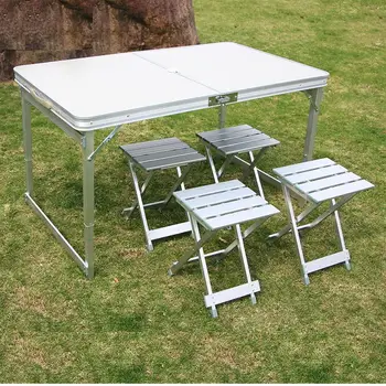 

Camping Table Portable Folding Table with4 Chairs Height Adjustable Heavy Duty Outdoor Garden Table Trestle Set for Picnic Party