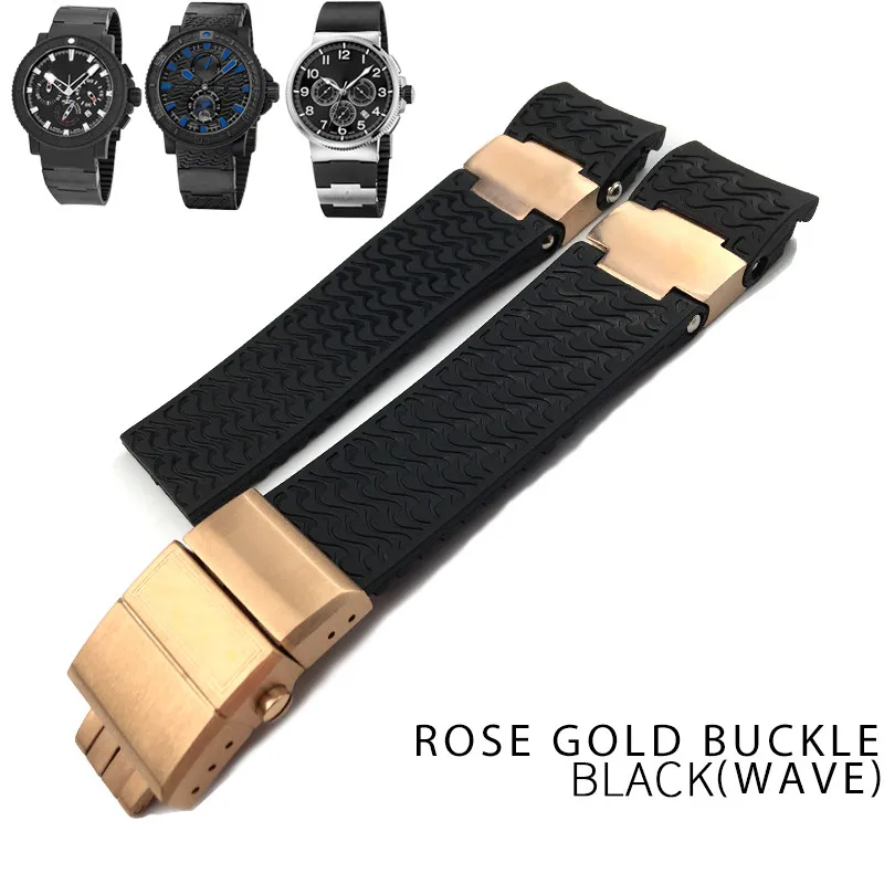 22 мм силиконовый резиновый ремень водонепроницаемый ремешок специально для Ulysse Nardin DIVER 263 Мужские механические часы аксессуары - Цвет ремешка: rosegold black(wave)