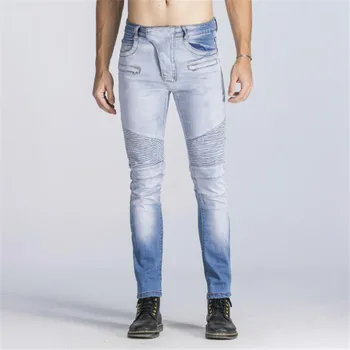 

New Fashion High Street Mens Biker Jeans Pants Skinny Fit Pleated Motorcycle Denim Trousers Multi Zippers Straight Moto Pants
