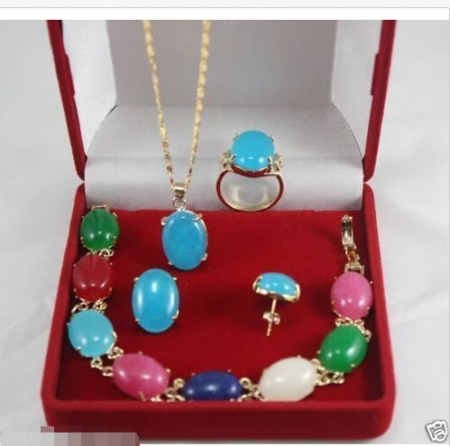 

FREE shipping>>Jewelry multicolor jade pendant bracelet ring earring Set