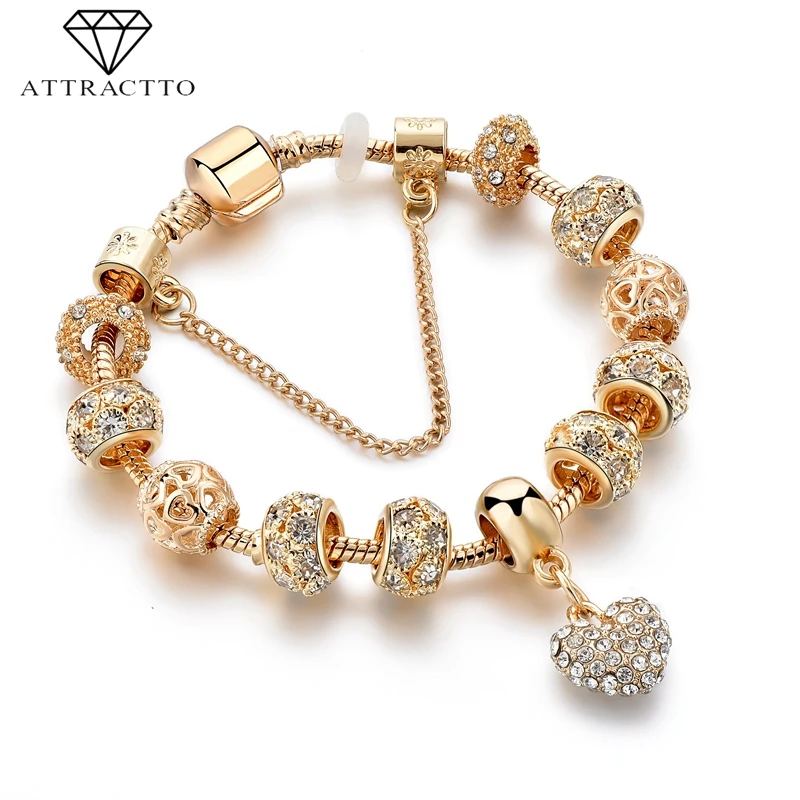 ATTRACTTO 20CM Gold Heart Charm Crystal Bracelets Bangles For Women Stainless Steel Bracelet Handmade Jewelry Bracelet SBR190044