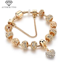 ATTRACTTO 20CM Gold Heart Charm Crystal Bracelets Bangles For Women Stainless Steel Bracelet Handmade Jewelry Bracelet SBR190044