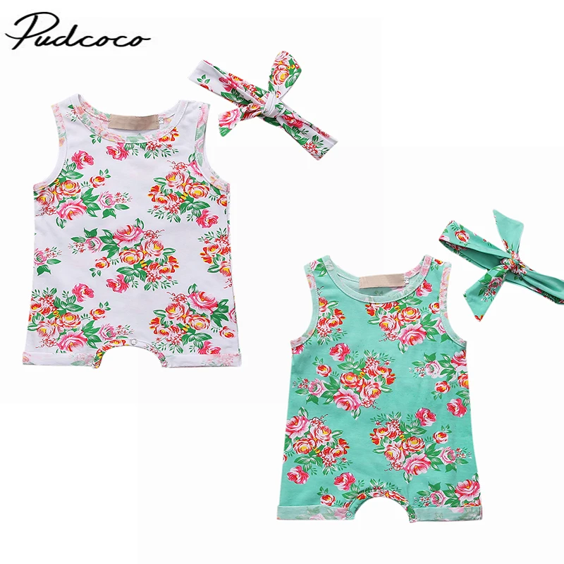 

Pudcoco Summer Fashion Baby Girls 2 Colors Jumpsuit Sleeveless Floral Romper+Headband 2PCS Clothes Outfit