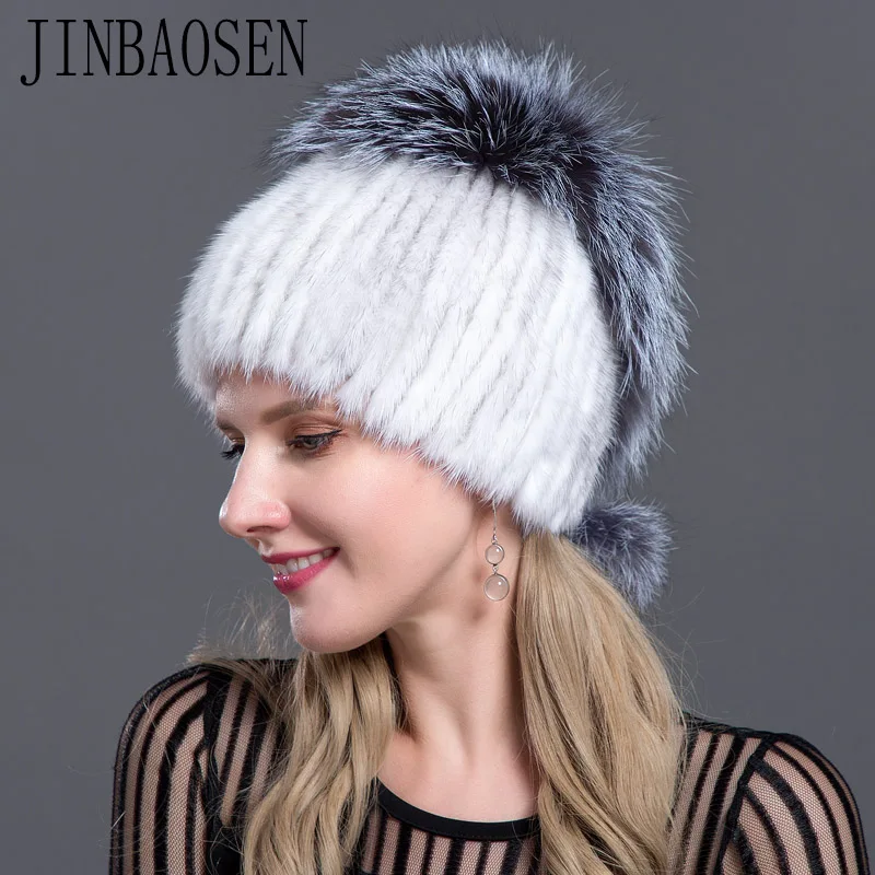 JINBAOSEN, русская норковая шапка, шапка, выдра с лисой, комбинированная с мехом, модная шапка, вязаная шерстяная подкладка, зимняя женская меховая Лыжная шапка