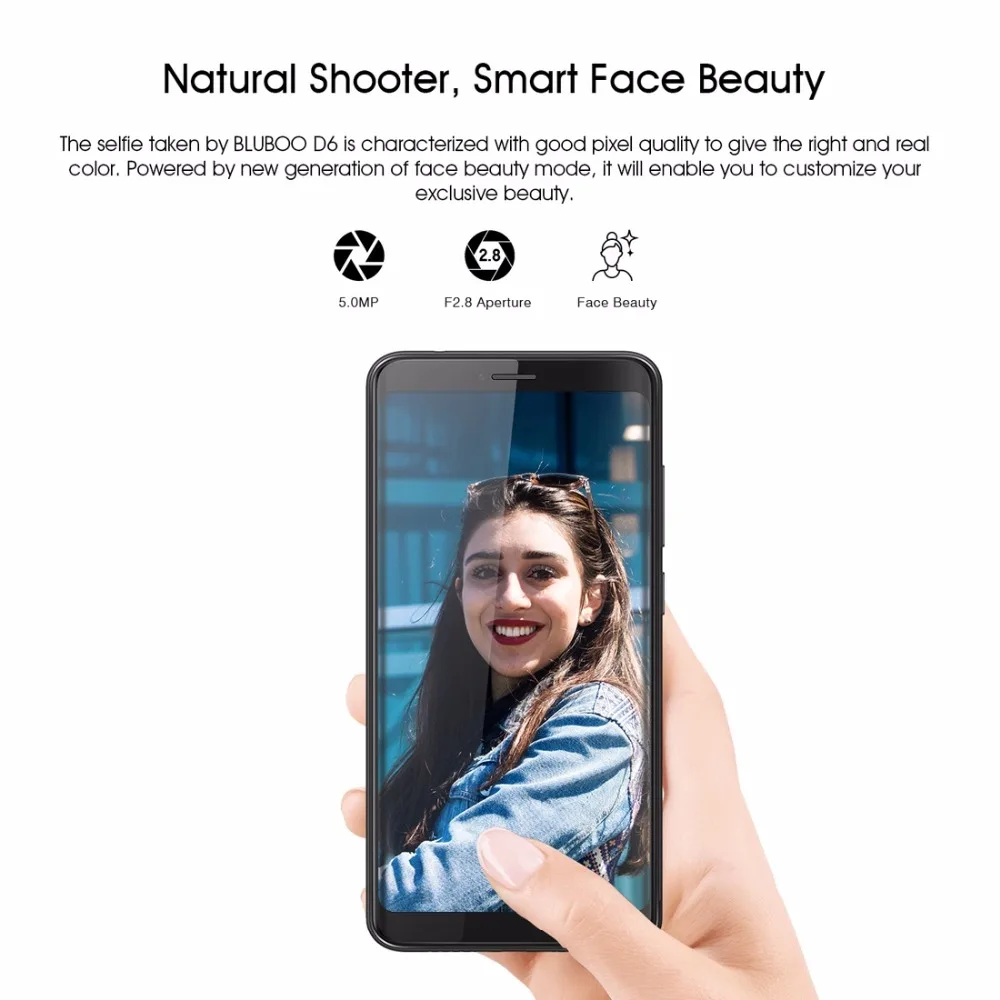 Bluboo D6 Smartphone 5.5'' IPS 18:9 Screen MT6580A Quad Core 2GB RAM 16GB ROM Android 8.1 Face Unlock Cellphone 3G Mobile Phone
