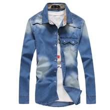 2016 Autumn Winter New Denim Shirts Double Pocket Design Fashion Casual Slim Fit Camisa Masculina Men Shirt Long-sleeved Shirt