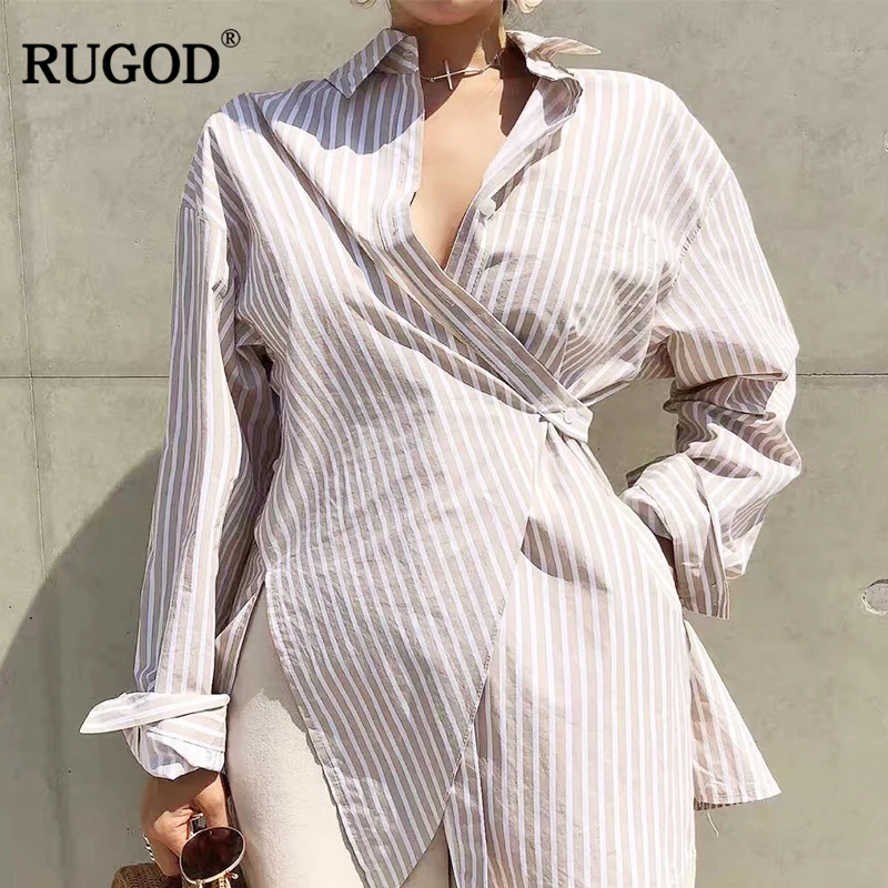Новинка 2019 летняя длинная Повседневная стильная блуза RUGOD в полоску с отложным