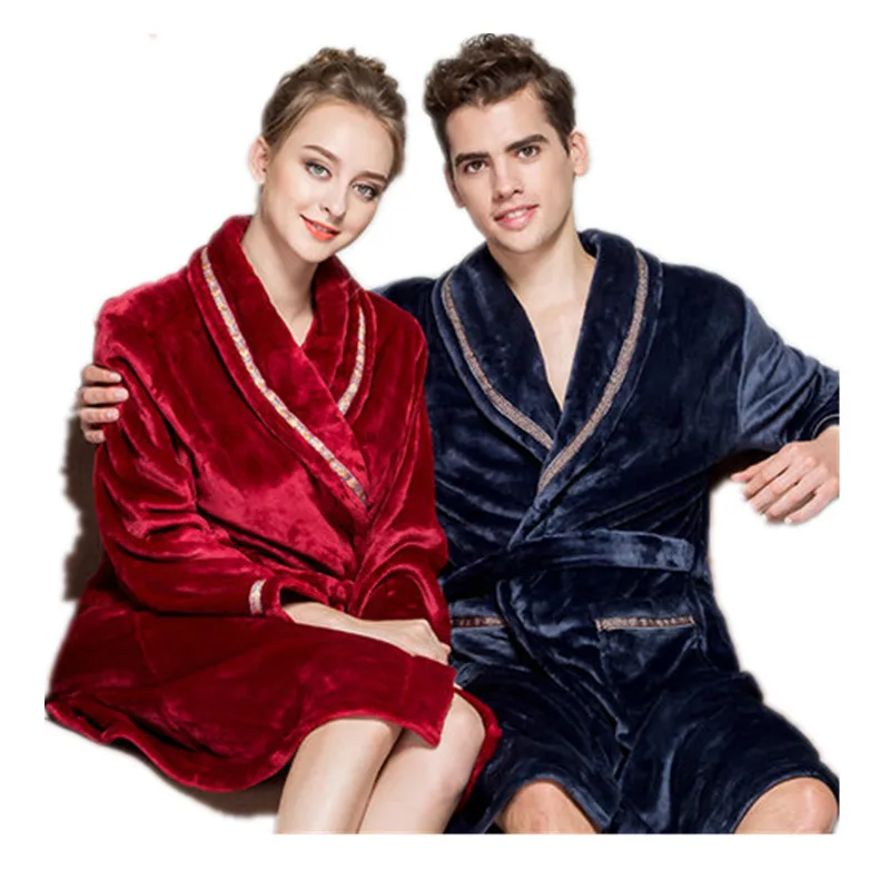 Winter Warm Coral Fleece Couples Bathrobes Long sleeved Bath Robe Male