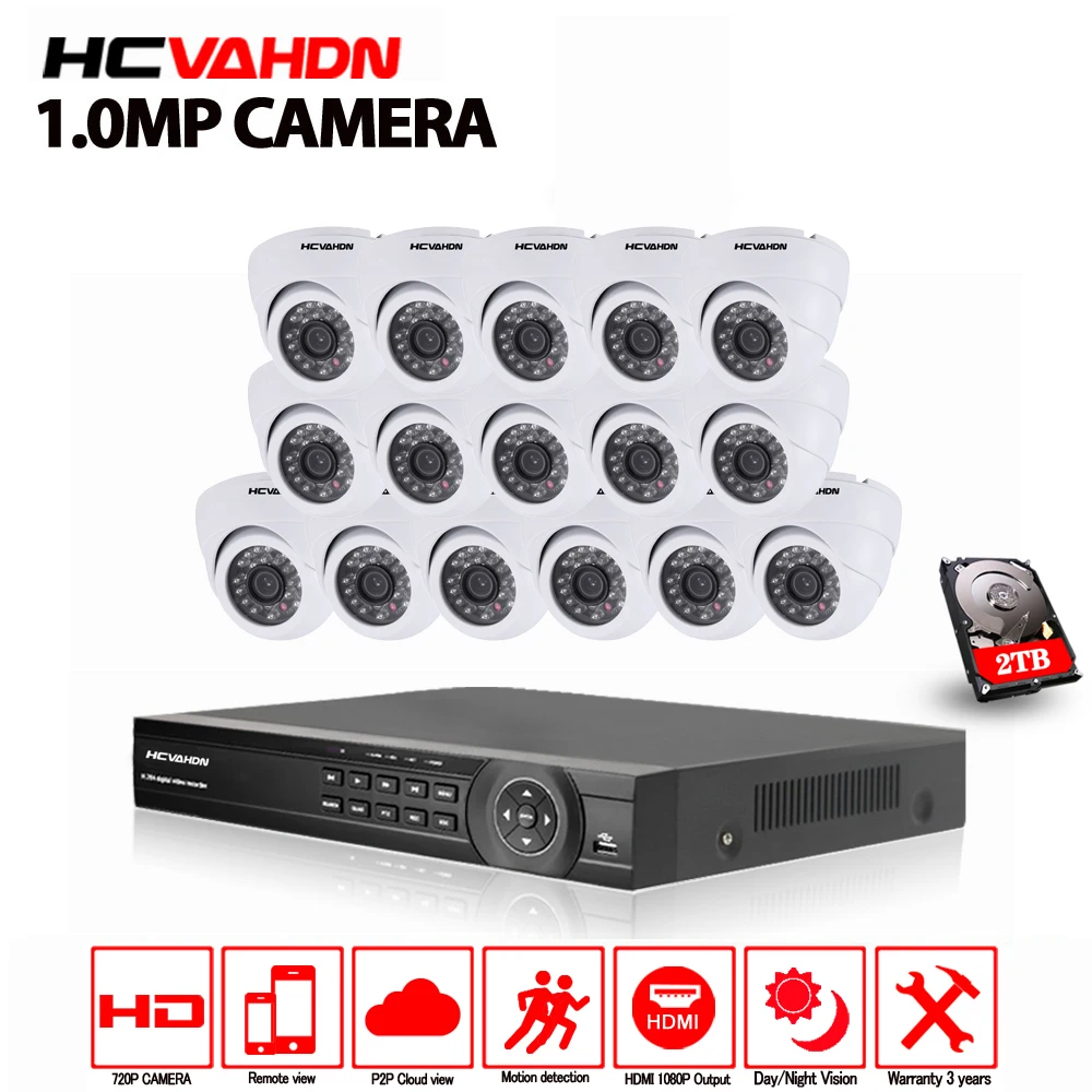 16CH 720 P NVR системы шт. с 16 шт. Крытый Купол 1080 P 1.0mp IP камера ИК 30 м 16Ch видеонаблюдения безопасности 2 ТБ жесткий диск