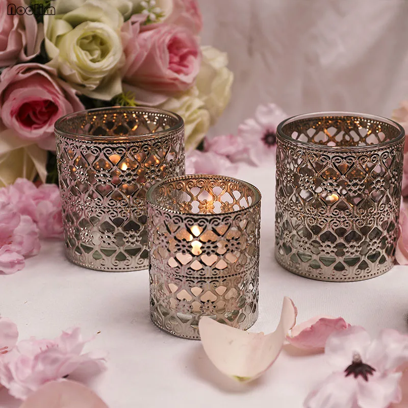 

Glass Iron Silver Transparent Retro European Candle Holder Creative Romantic Candlestick Home Wedding Party Table Decoration