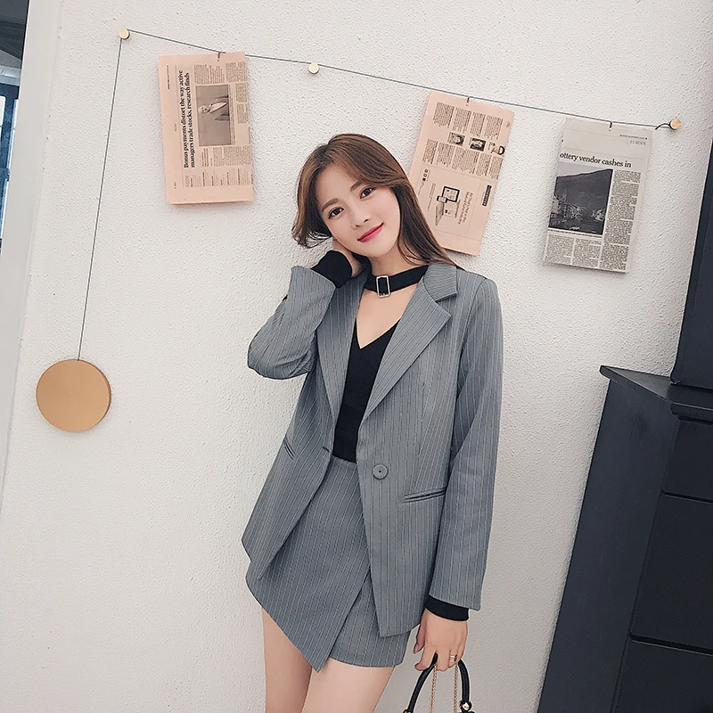 Slim Blazer Mode Vestes Costumes Et Pièces Lady Jupe Deux Bouton Entaillé Un Mini Rayé Femmes Ensembles Office Femelle Gris Ol Jupes zq7w5Sp