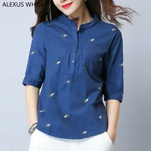 Embroidery Shirts Women 2017 Summer Cotton Linen Blouses Female Formal 3/4 Sleeves Stand Collar Tops OL Blouse