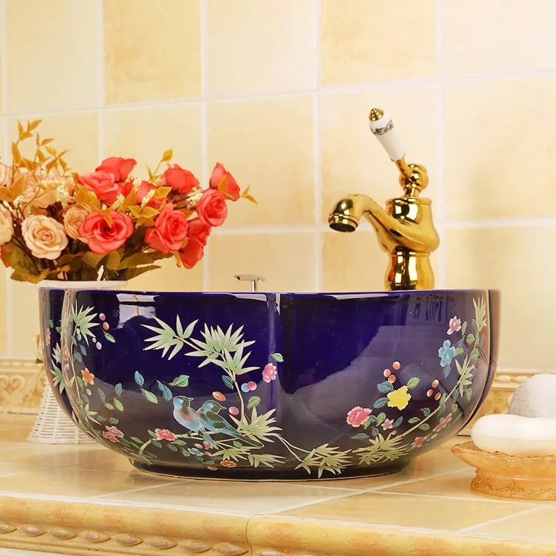 Europe Vintage Style Art Basin Sinks Ceramic Counter Top Wash Basin Bathroom Vessel Sinks vanities new ceramic wash basin flower and bird (7)