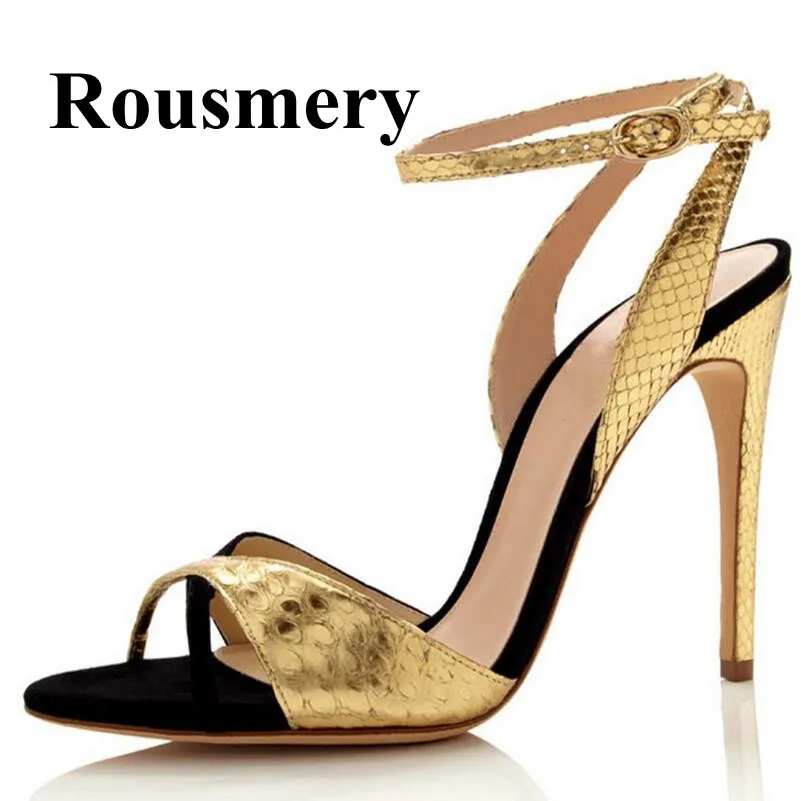 

Hottest Summer Newest Gold Snakeskin pattern Mixed Color Open Toe Thin High Heel Buckle Strap Fashion Women Sandals Normal Size