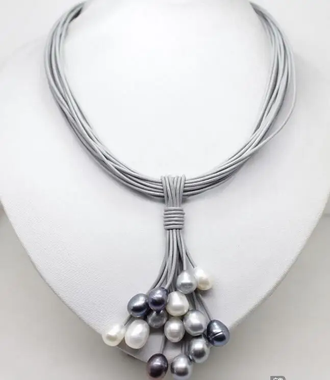 Beautiful 12mm Real White Black Gray Freshwater Pearl Necklace Leather Cord Clasp