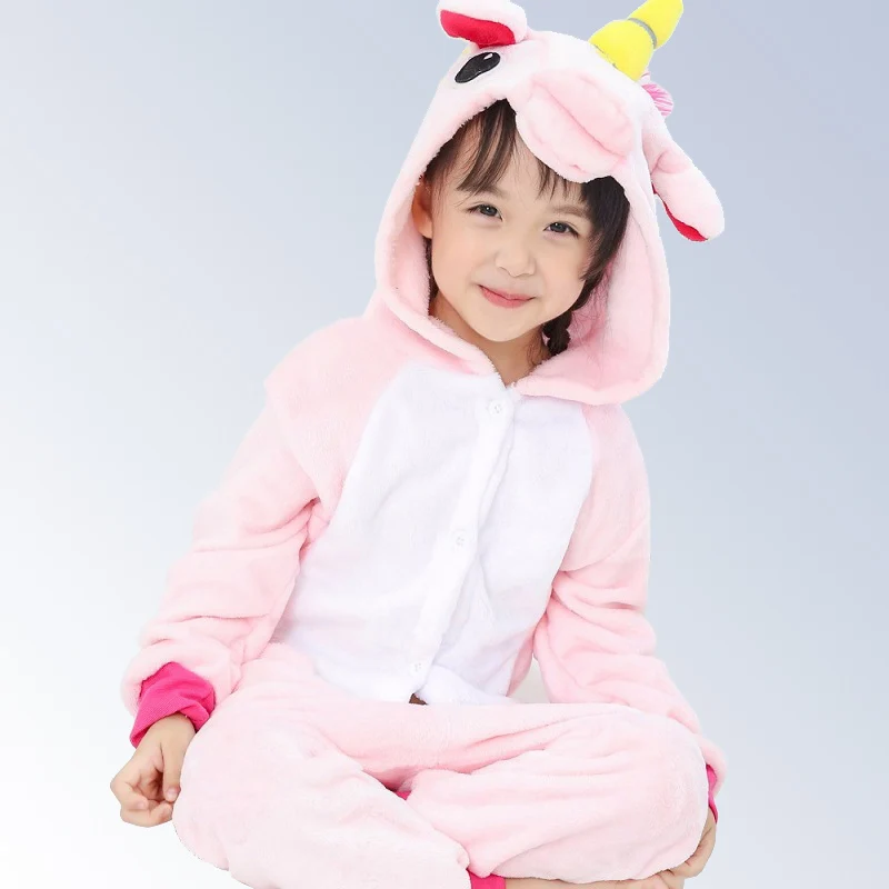 Animal Unicorn Stitch Pegasus Pikachu Pajamas Flannel Hooded Kids Sleepwear Cartoon Cosplay Children Pajamas Onesies 4-12Year