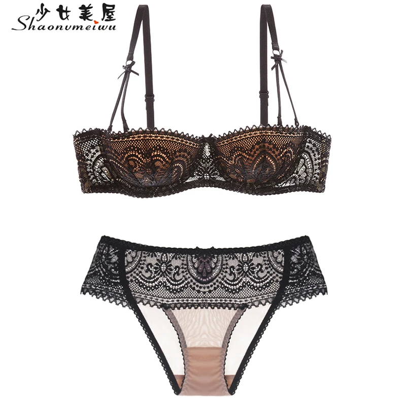 Koop Shaonvmeiwu Sexy kant dunne gedeelte verzameld verleiding bh set half cup ondergoed beha 2 1 cup zwarte dunne katoenen