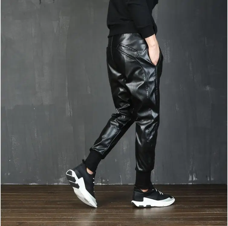 Men Punk Faux PU Leather Harem Pants Joggers Hip Hop Dancing Pants Motorcycle Sweatpants For Mens DJ Baggy Night Club Trousers