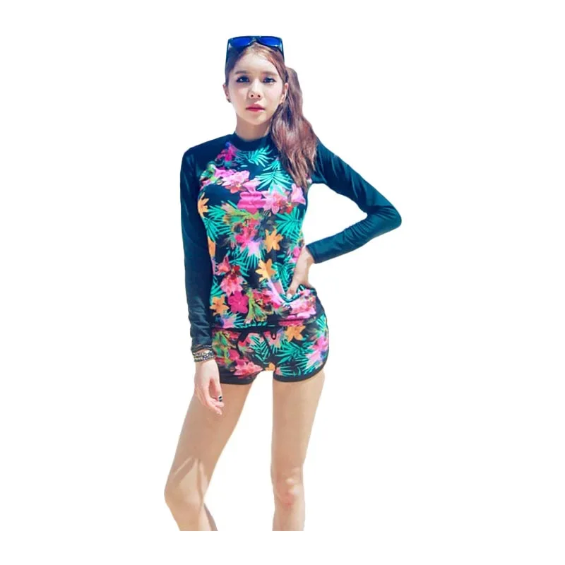 2018 Women Floral Rash Guard 2 Pieces Bathing Suit Rashguard Beach Surf