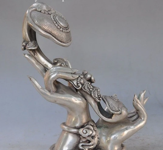

003424 Chinese exquisite Bronze Silver Kwan-yin Guanyin Hands Ruyi STATUES