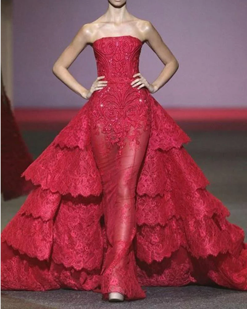 Red Evening Dresses Lace Appliques Sweep train Sheer Prom Dress With